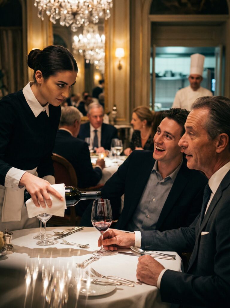 He ordered in German just to humiliate the waitress, laughing that “girls like her” could never understand a real education. Iris Novák only smiled and poured his wine flawlessly—because she speaks seven languages and understood every insult, including his plan to cut “unprofitable” hospital care that keeps her grandmother alive. When he threatened her in German, she answered back with perfect fluency, silencing the table. That night, her grandmother opened an old folder of hidden links to his family—and Iris realized one language wouldn’t just expose a millionaire… it would unlock the truth about her mother.