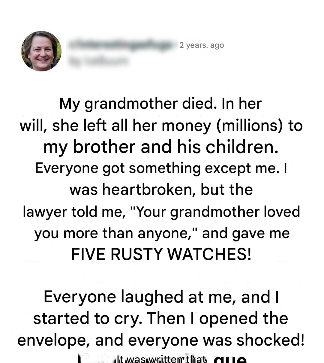 Linda inherits her grandmother’s old watches while her greedy brother keeps the house; unbeknownst to her, she received nearly $200,000.