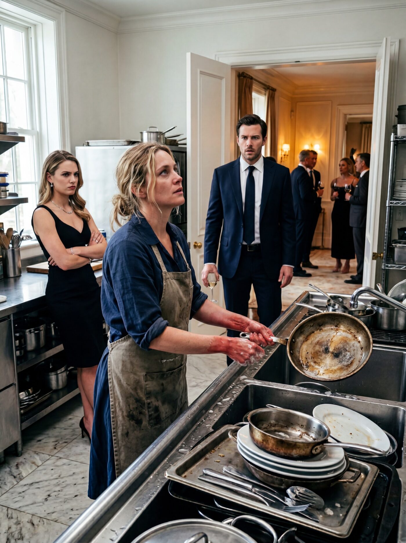 A millionaire husband returned home early to surprise his wife, but found her washing dishes like a maid in the very house where she should have been living like a queen… while her family threw a lavish party upstairs with his money, and no one expected what happened next.