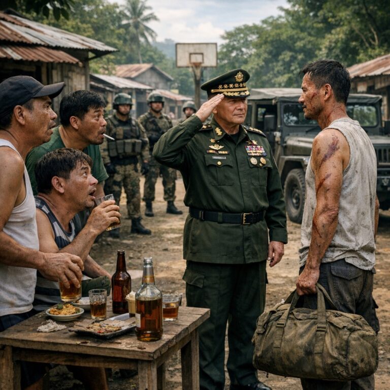 THE WHOLE VILLAGE GOSSIPED ABOUT THE SOLDIER WHO CAME HOME WITH NO MEDALS AND ONLY “SCARS” ALL OVER HIS BODY — BUT THEY STOPPED DRINKING WHEN A GENERAL STEPPED OUT OF AN ARMY JEEP AND SALUTED HIM