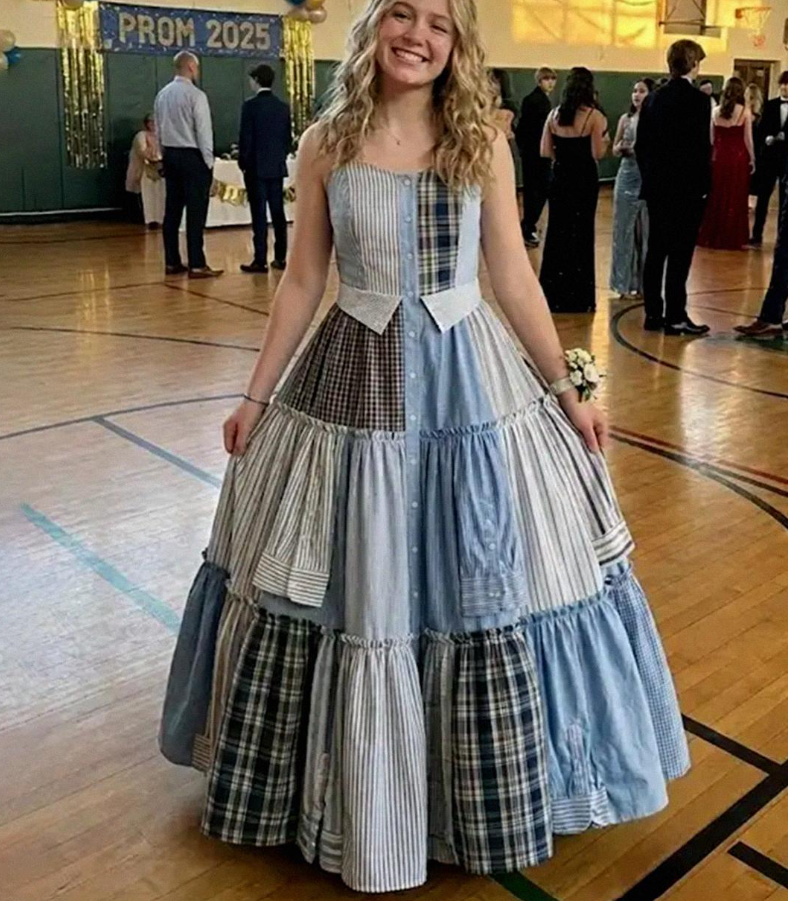 I sewed a dress out of my dad’s shirts for the prom in his honor. My classmates laughed until the principal took the microphone and the room fell silent.