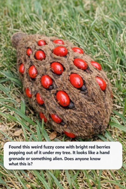 Found this weird fuzzy cone with bright red berries popping out of it under my tree.