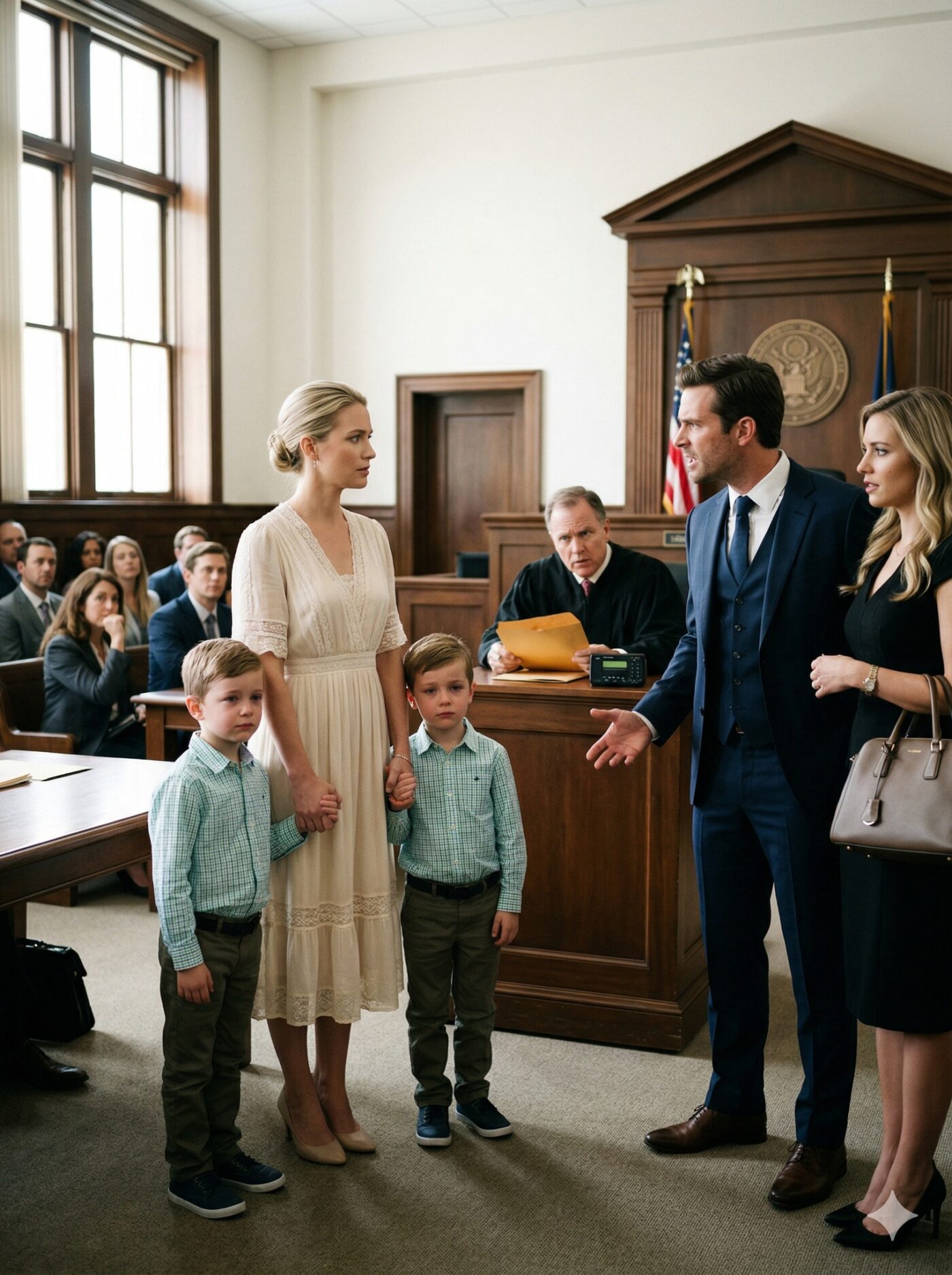 “You’ll Leave With Nothing… And I’ll Take The Kids,” My Husband Said As His Mistress Smiled In Court — But When I Walked In With Our Twin Boys, The Truth About His Company Made Even The Judge Go Silent