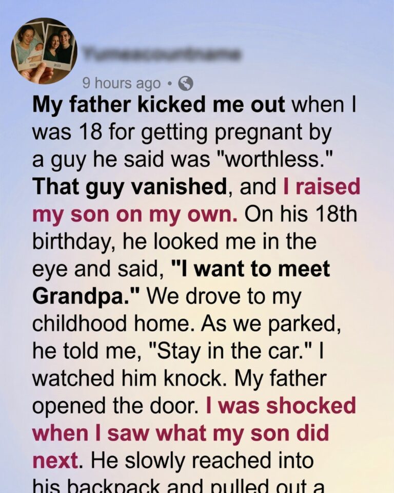 Kicked Out at 18 for Getting Pregnant, I Raised My Son Alone — Eighteen Years Later, He Took Me Back to Face the Father I’d Lost… and What He Pulled From His Backpack Changed Everything