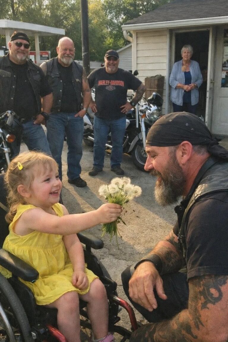 “You Looked Sad…” — A 5-Year-Old in a Wheelchair Gave Him Dandelions… The Entire Motorcycle Club Returned the Next Day Changed Her Life  “You looked sad… these are for you.” — I handed a stranger a bundle of dandelions without knowing he led the toughest motorcycle club in the region.  The town of Brookridge rarely experienced surprises.  Most days moved at a predictable rhythm: the bakery opened at six, the elementary school bell rang at eight-thirty, and by evening the sidewalks emptied while porch lights flickered on one by one. It was the kind of place where people waved to neighbors they had known for decades and where news traveled faster through coffee shops than through social media.  But on a mild Thursday morning in May, a moment unfolded that would echo through the town for years.  Five-year-old Amelia Torres had always loved flowers. She loved them with the quiet devotion only children possess, the kind that makes weeds seem as beautiful as roses. Ever since the accident that left her unable to walk two years earlier, she had spent many mornings sitting outside her grandmother’s small blue house, gathering whatever blooms she could reach from the thin strip of grass beside the sidewalk.  That morning the flowers happened to be dandelions.  Their stems bent awkwardly across her lap as she arranged them into a crooked bouquet, humming softly to herself while the early sun warmed the pavement. Her grandmother, Isabel Torres, watched from the kitchen window with a mixture of pride and worry that had become a constant presence in her life.  Across the street sat a small convenience store with two gas pumps and a faded green awning. It was the only place in town where travelers sometimes stopped on their way through the hills.  Shortly after nine, the quiet hum of the street shifted.  The first motorcycle appeared at the end of the road like a low growl rolling over asphalt. Then another followed. And another.  Within minutes, a small group of riders pulled into the gas station, their engines rumbling deeply as they parked beside the pumps. The sound vibrated through the ground beneath Amelia’s wheels.  To most people in Brookridge, men dressed in worn leather vests and covered in tattoos belonged to stories whispered with caution. Parents lowered their voices when mentioning motorcycle clubs, as if the words themselves might attract trouble.  But Amelia didn’t see danger.  She saw one man sitting alone on the curb, staring at the ground as though he had lost something he couldn’t find again.  He was tall and broad-shouldered, his beard threaded with gray and his arms marked with ink that stretched down to his wrists. A name patch stitched onto his vest read “Ronan.”  Amelia tilted her head thoughtfully.  Children notice loneliness faster than adults.  Without hesitation, she pushed the rims of her wheelchair forward and rolled down the small ramp from her porch.  “Amelia!” her grandmother called from the doorway, startled.  But the girl had already crossed half the street.  The motorcycles fell silent one by one as the riders noticed her approaching. Conversations stopped. Twenty pairs of eyes followed the small figure in the yellow dress rolling toward them with determined concentration.  Ronan looked up just in time to see her stop a few feet away.  For a moment neither of them spoke.  Then Amelia held out the bundle of dandelions.  “These are for you,” she said simply.  The man blinked in surprise.  He looked at the flowers as though no one had offered him anything like them in years…